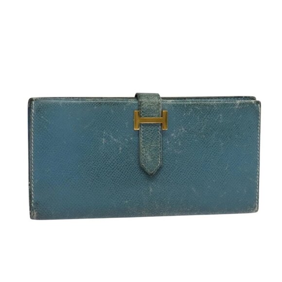 HERMES Bean Long Wallet Leather Blue - Picture 1 of 15